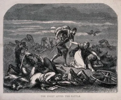 Nocturnal scene on a battlefield:a woman nursing a wounded soldier is pleading with a man intending to plunder the bodies to spare the man in her care