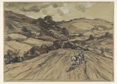 Normandisch heuvellandschap met een boer en twee witte paarden