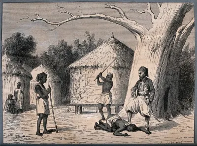 North Africa (?): a black man is pinned to the ground by a Turk (?) who treads on his neck, while two other black men beat him with sticks