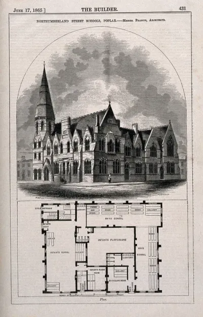 Northumberland Street School, Poplar, London: a three-quarter view, above, and a plan, below