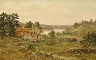 Norwegian landscape with houses.