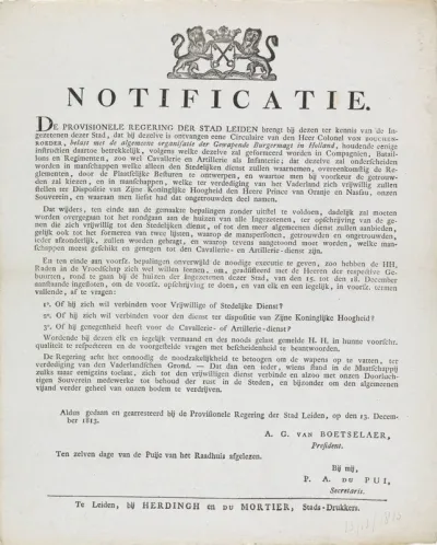 Notificatie over de organisatie van de Gewapende Burgermacht in Holland, 1813