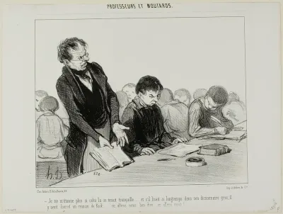 “- Now I understand why this chap was so quiet all the time..... instead of reading quietly in his Greek dictionary, he was indulging in a novel by de Kock.... Oh my God.... where is this all going to end!!,” plate 22 from Professeurs Et Moutards