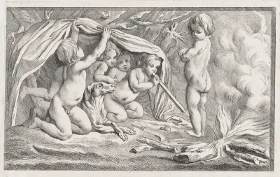 Nude children and a dog warming themselves by a fire; an allegory of Winter, after a bas-relief on the Fontaine des Quatre-Saisons (Paris)
