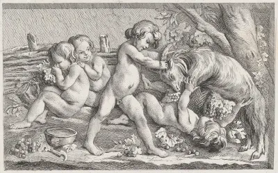 Nude children eating grapes and playing with a goat; an allegory of Fall, after a bas-relief on the Fontaine des Quatre-Saisons (Paris)