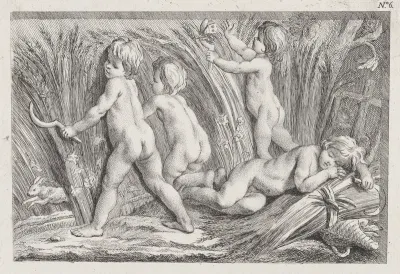 Nude children shearing wheat; an allegory of Summer; after a bas-relief on the Fontaine des Quatre-Saisons (Paris)