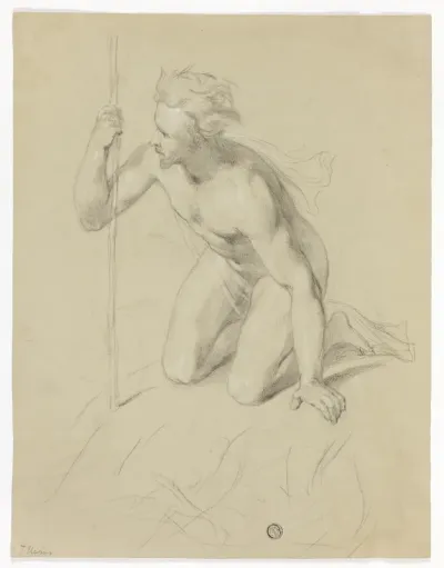 Nude Man Kneeling, Holding Staff (recto); Alpine Panorama (verso)