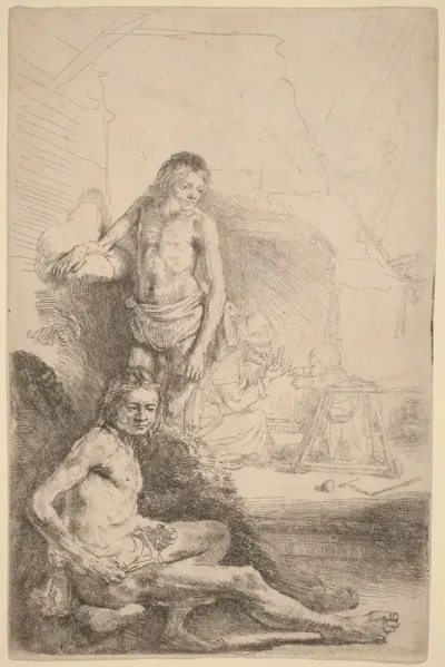 Nude Man Seated and Nude Man Standing,  with a Woman and Baby in the Background