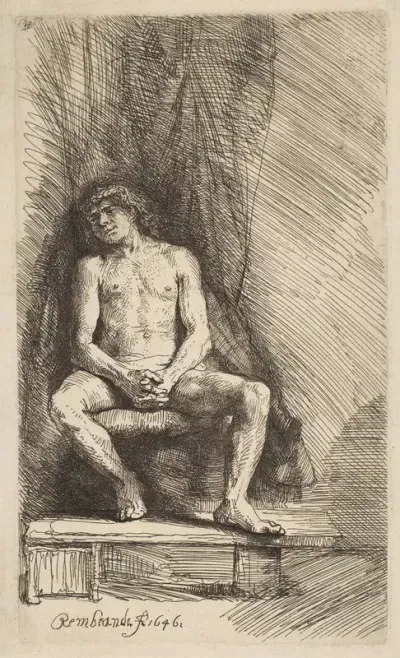 Nude Man Seated before a Curtain