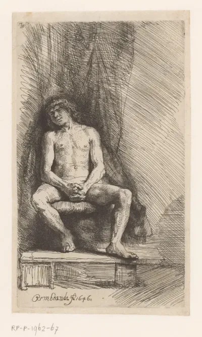 Nude man seated before a curtain