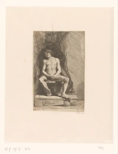 Nude man seated before a curtain