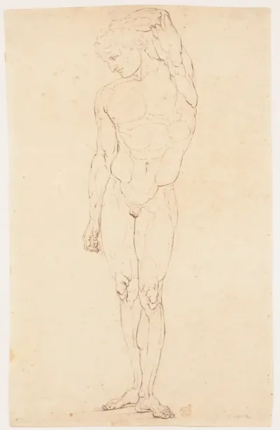 Nude Man Standing with One Arm Raised