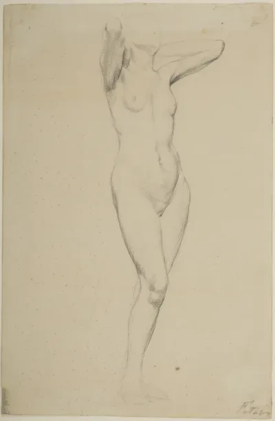 Nude of a standing woman with her arms clasped behind her head