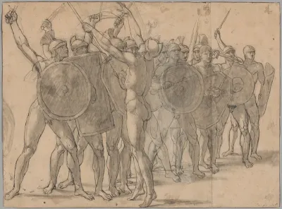 Nude Soldiers Gesticulating with Their Weapons (recto); Two Drapery Studies for the Figure of Tatius (verso)
