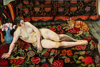 Nude woman with a cat and flowers