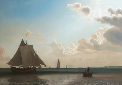 Numerous ships in the Sound and a coastal landscape in the background.