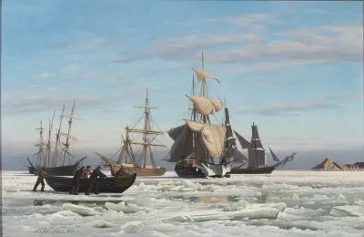Numerous ships stuck in the ice.