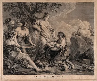Nymphs holding the new born Adonis next to a myrrh tree representing Myrrha his mother amidst great rural splendor