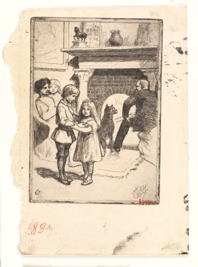 Nytårskort (familien ved kaminen)