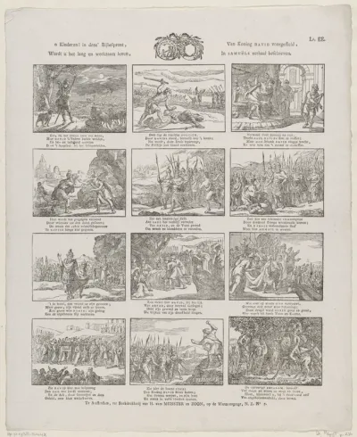 O kinderen! in deez' Bijbelprent, / Wordt u het lang en werkzaam leven, / Van koning David voorgesteld, / In Samuëls verhaal beschreven
