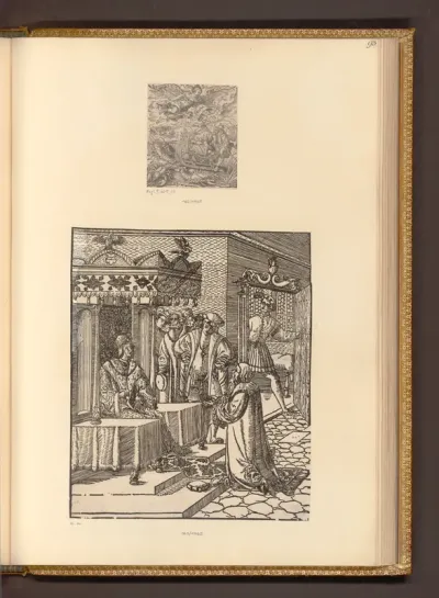 o: Signet des Frankfurter Verlegers Sigmund Feyerabend (1528-1590); u: Herrscheraudienz