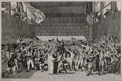 Oath of the Tennis Court: the deputies of the third estate meeting in the tennis court at the Château of Versailles, swearing not to disperse until a constitution is assured