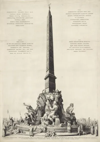 Obelisk en fontein door Gian Lorenzo Bernini op het Piazza Navona te Rome, omgeven door figuren
