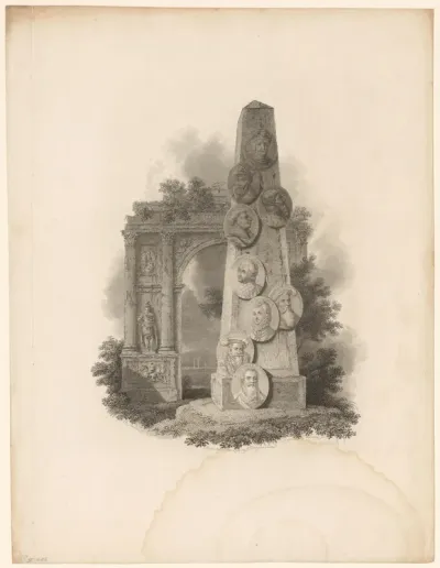 Obelisk met acht medaillons met portretten