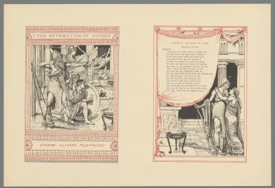 Odysseus en Telemachus schieten met pijl en boog, en Penelope omhelst Odysseus