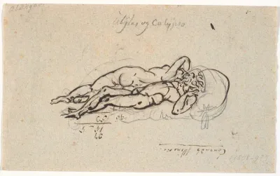 Odysseus og Kalypso, liggende nøgne på et leje