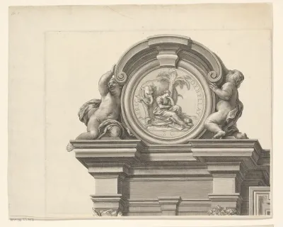 Offer op tempelplein in monumentale omlijsting (deel linksboven)