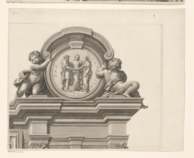 Offer op tempelplein in monumentale omlijsting (deel rechtsboven)