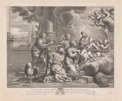 Offerande van vruchten en bloemen aan Maria en Kind