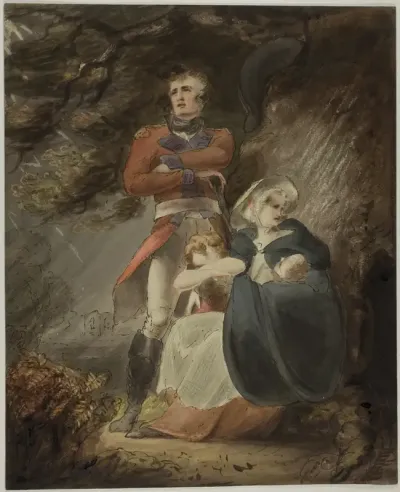 Officer Seeking Shelter with his Wife and Children from a Storm (recto); Sketch of Castle on Hill (verso)