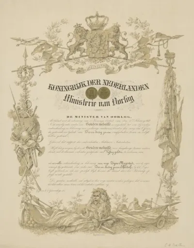 Officiële aankondiging voor de eervolle onderscheiding met de gouden medaille volgens 's Konings Besluit van 1859
