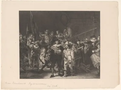 Officieren en andere schutters van wijk II in Amsterdam onder leiding van kapitein Frans Banninck Cocq en luitenant Willem van Ruytenburch, bekend als de ‘Nachtwacht’