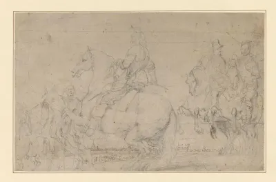 Officieren te paard, in de verte een stad