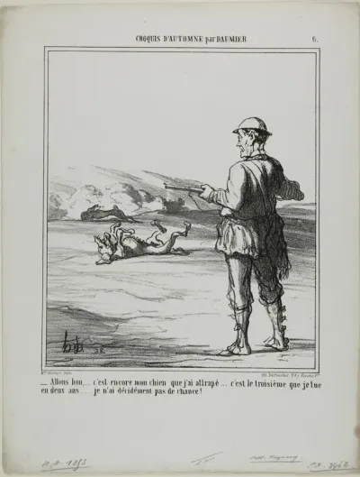 “- Oh blast! .... it's again my own dog that I shot..... that's the third one in two years.... I'm really not very lucky at hunting!,” plate 6 from Croquis D'automne par Daumier