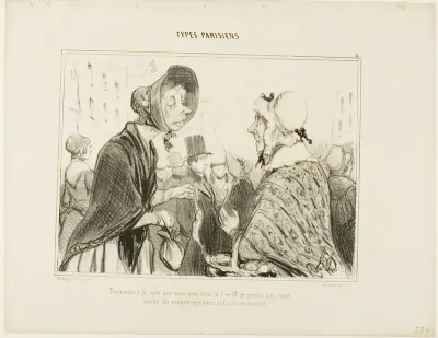 “- Oh, here you are..... what do you have there?..... - Let's not talk about it.... we are having guests, and I just did my shopping,” plate 6 from Types Parisiens