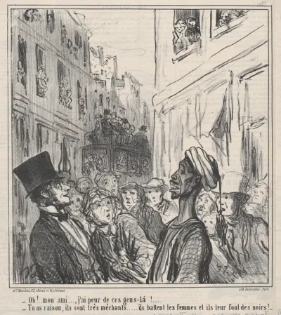 Oh! Mon ami...., j'ai peur de ces gens-là..., from Au Camp de Saint-Maur, published in Le Charivari, August 30, 1859
