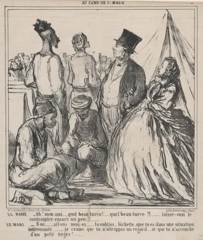 Oh! Mon ami...., quel beau turco!..., from Au Camp de Saint-Maur, published in Le Charivari, August 15, 1859