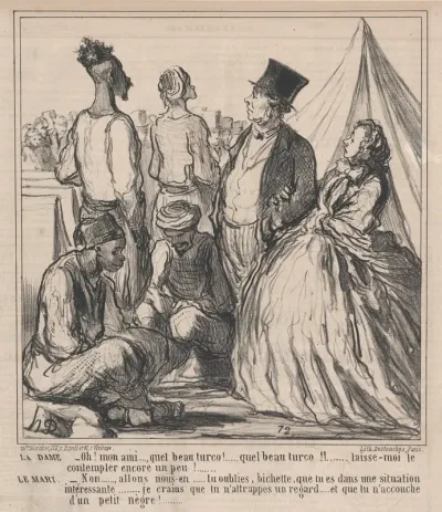 Oh! mon ami..., quel beau turco!.... quel beau turco!!...., from Au Camp de Saint-Maur, published in Le Charivari, August 15, 1859