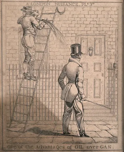 Oil is spilling on to a man as he walks by the ladder of the lamplighter