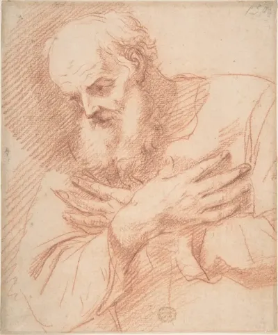 Old Bearded Man in Three-Quarter View with Hands Crossed Over His Chest