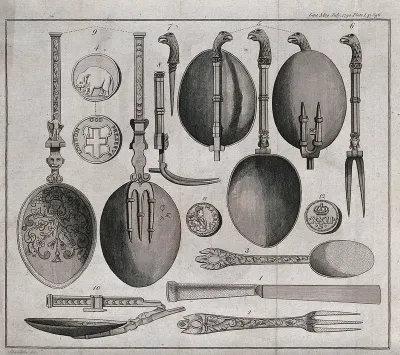 Old eating implements: spoons, forks, and a knife