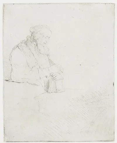 Old man in meditation, leaning on a book