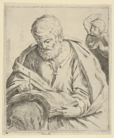 Old man seated and writing in a book, an angel at right looking over his shoulder