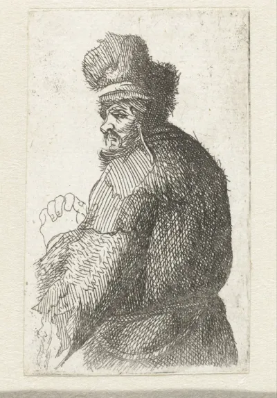 Old man seen from behind, profile right: half figure