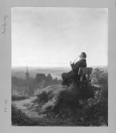 old man with pipe on a looking on a town at sunset- time ("Das Lieblingsplätzchen")