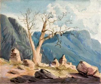 Old poplar tree (Populus euphrasica) with stone monuments in Ladák, Kashmir